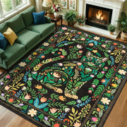 SERISSA Boho Floral & Cat Print Washable Area Rug, Non-Slip Soft Low-Pile Vintage Carpet for Living Room, Dining Room, Bedroom & Kids Playroom – Sophisticated Black Decor