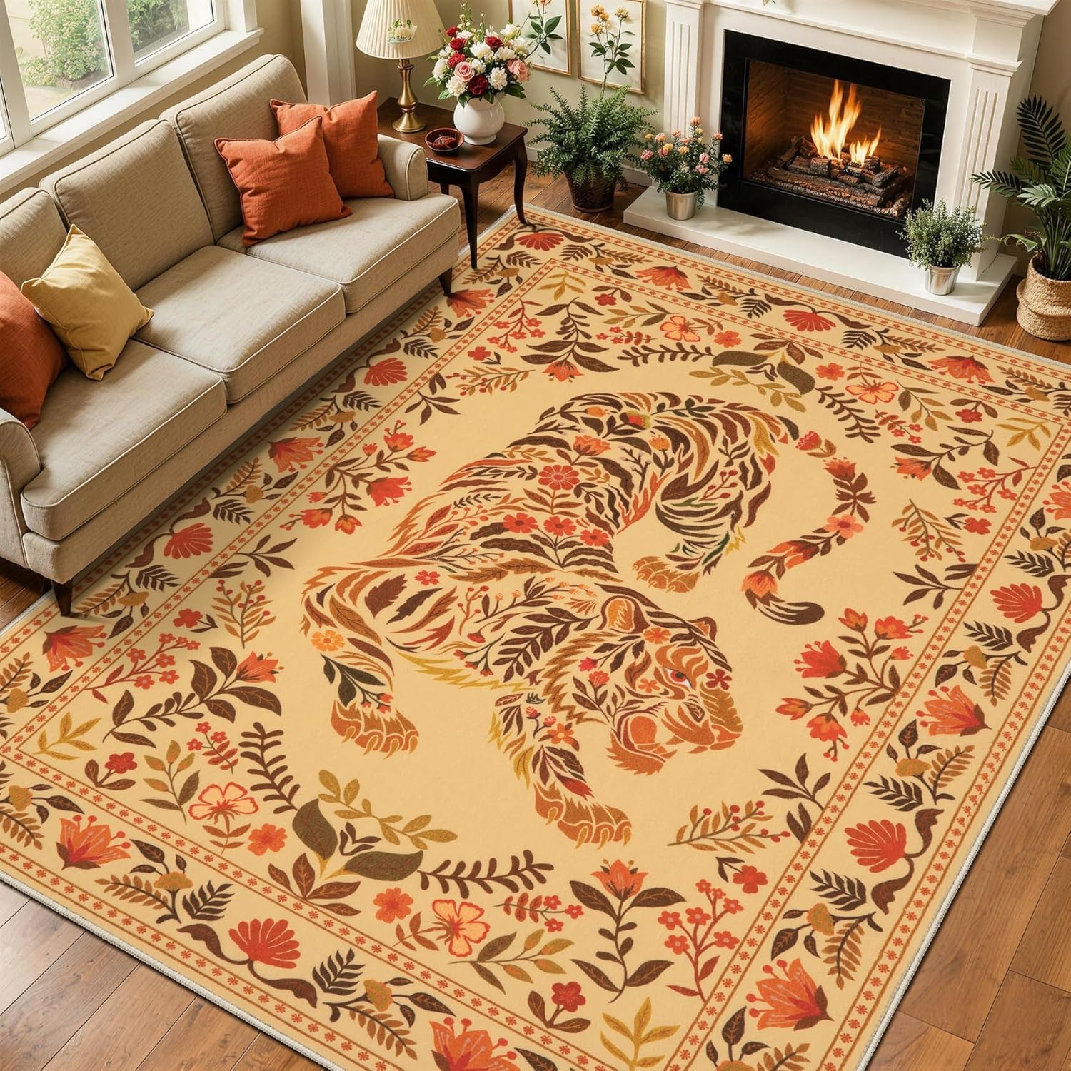 SERISSA Boho Tiger & Botanical Floral Washable Area Rug, Non-Slip Soft Low-Pile Vintage Carpet for Living Room, Dining Room, Bedroom & Kids Playroom – Artistic Camel Decor