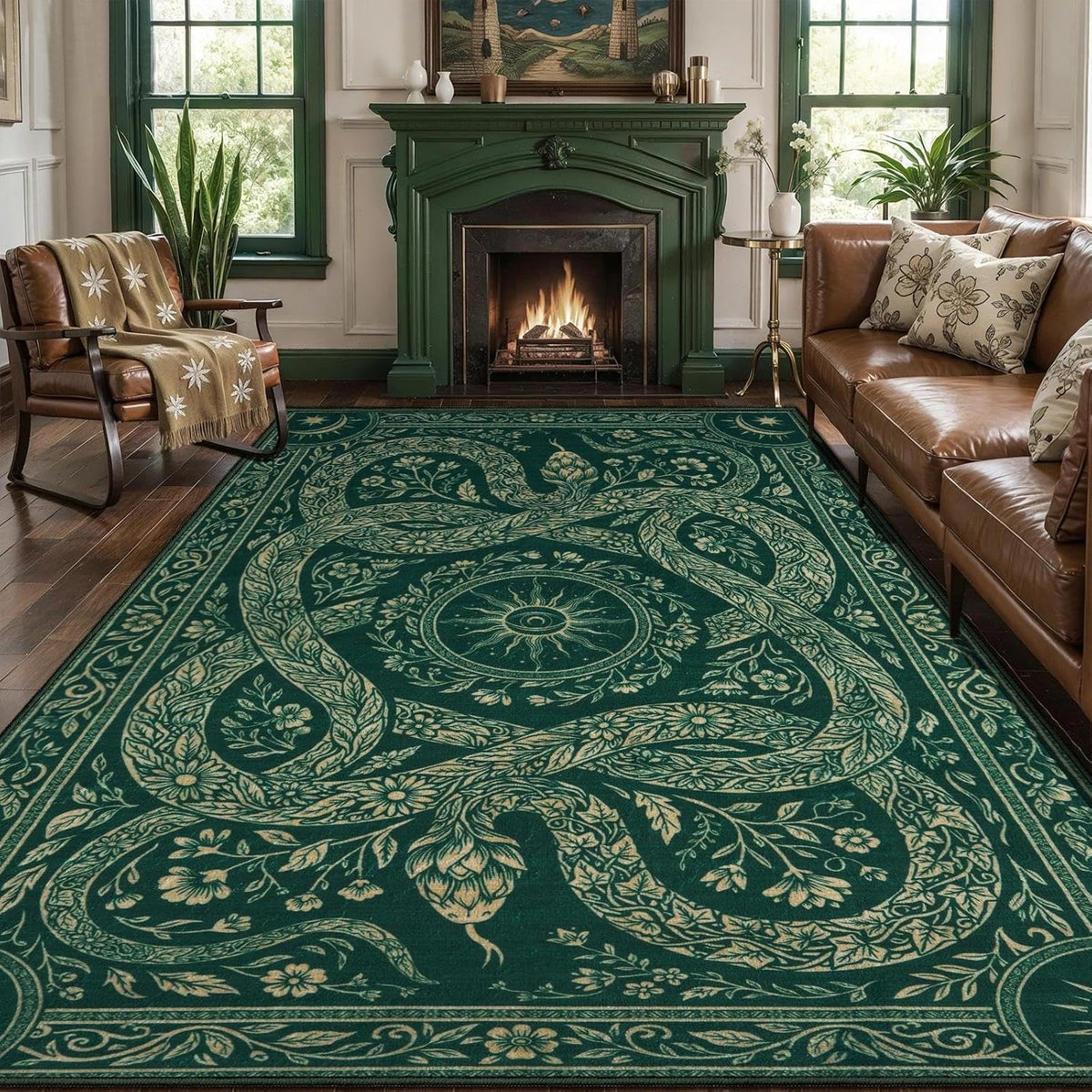 6x9 Green Gothic Floral Snake Washable Area Rug - Non-Slip Large Carpet