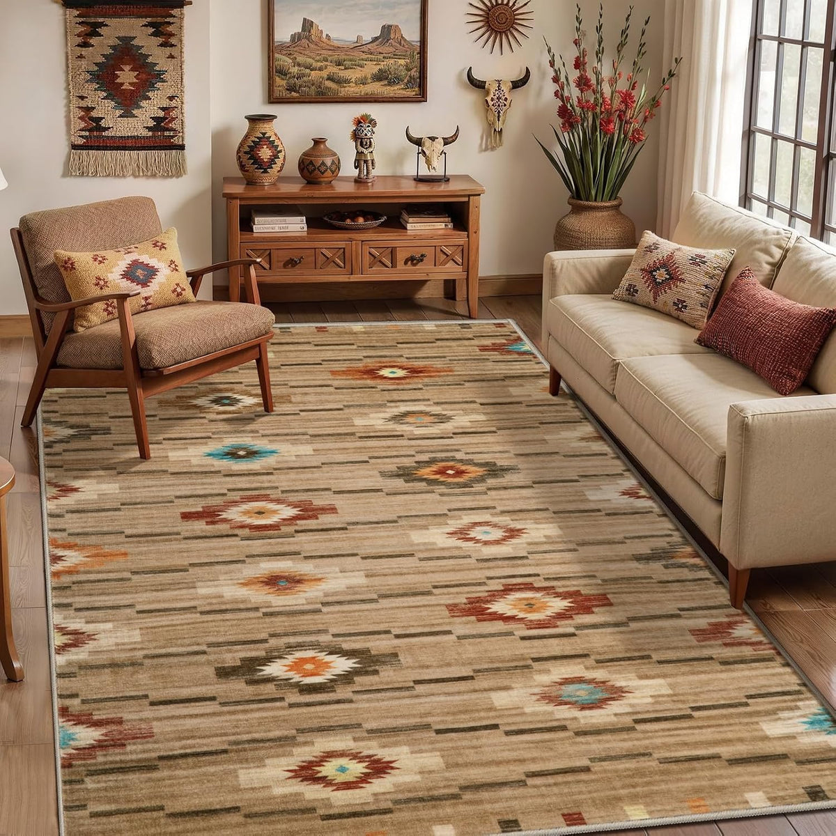 5x7 Khaki Southwestern Washable Area Rug - Non-Slip Abstract Carpet