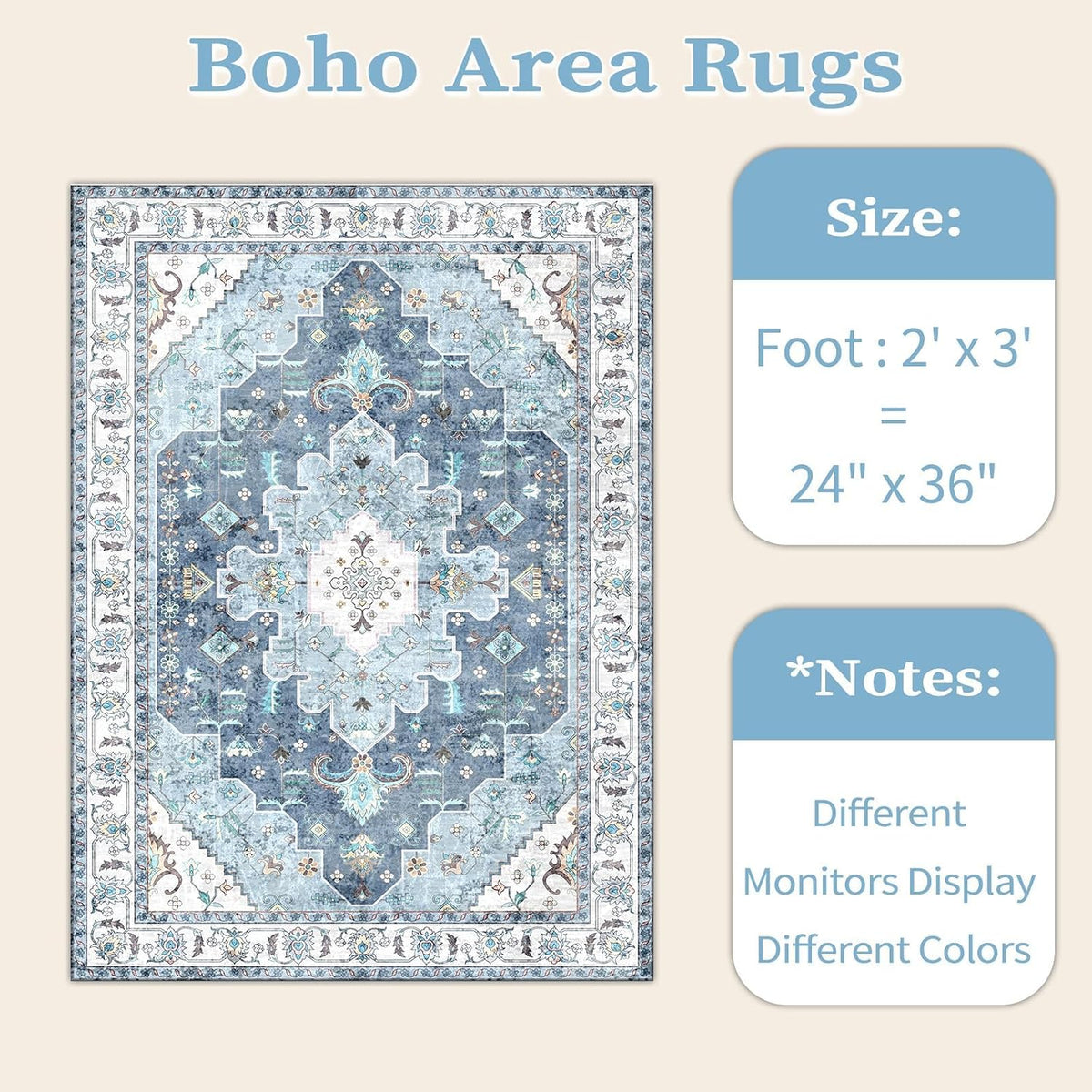 2x3 Blue Vintage Boho Washable Small Area Rug - Non-Slip Entryway Mat