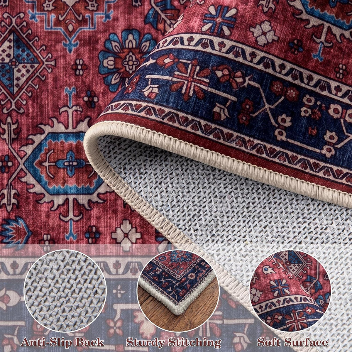 2x3 Rust Red Vintage Boho Washable Small Rug - Non-Slip Entryway Mat