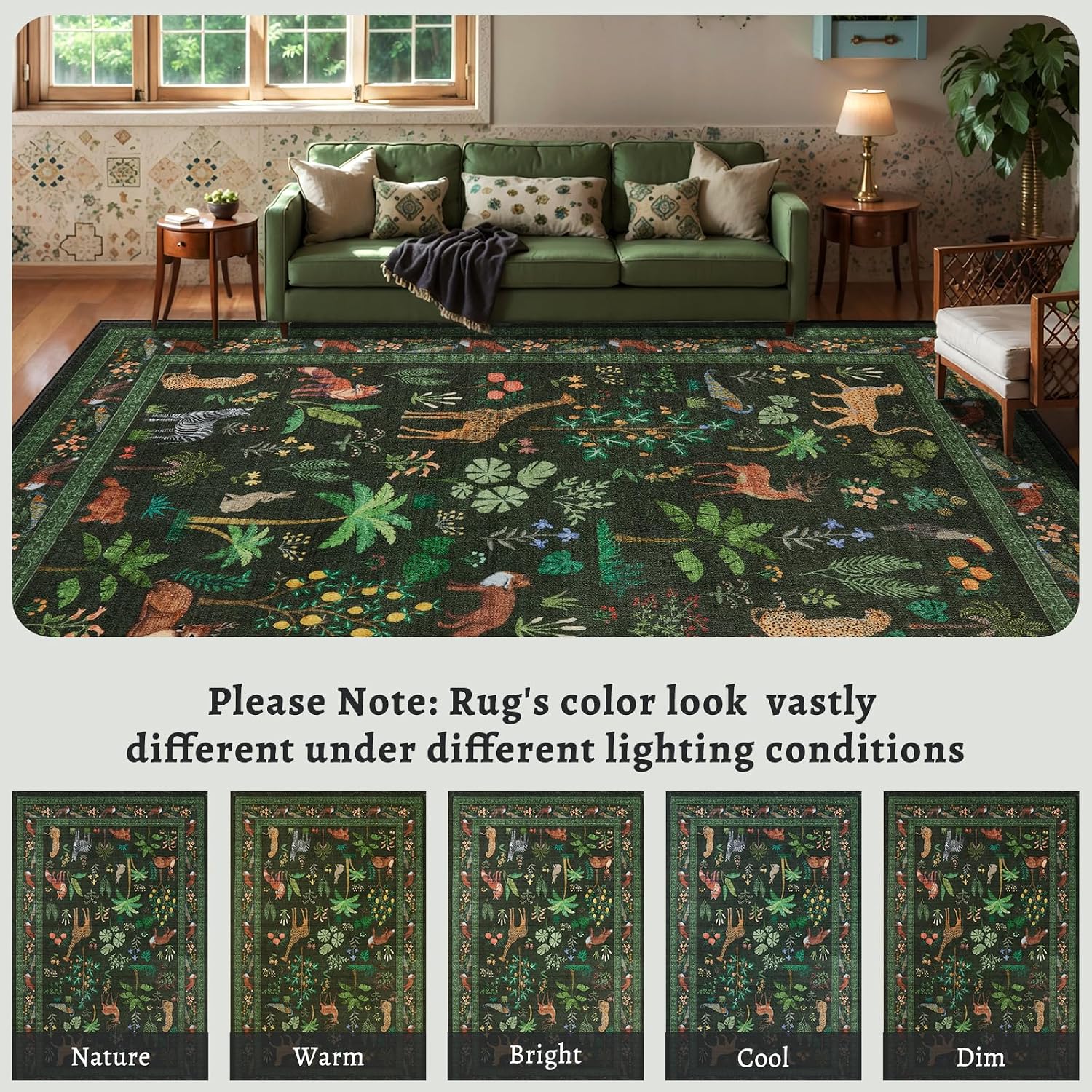 SERISSA Jungle Animal Print Washable Runner Rug, Non-Slip Soft Low-Pile Accent Carpet for Entryway, Hallway, Kitchen, Laundry & Kids Bedroom – Boho Nature Decor