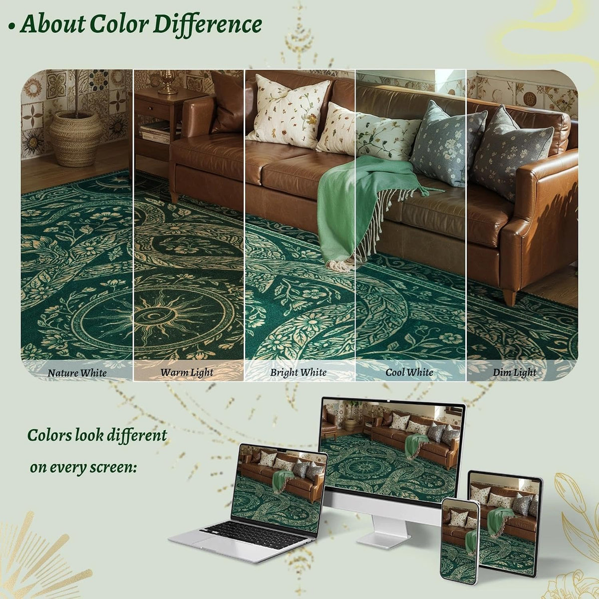 6x9 Green Gothic Floral Snake Washable Area Rug - Non-Slip Large Carpet