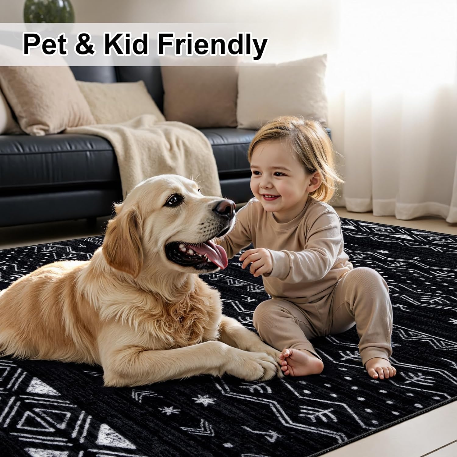 2x3 Black and White Moroccan Washable Small Rug - Non-Slip Door Mat