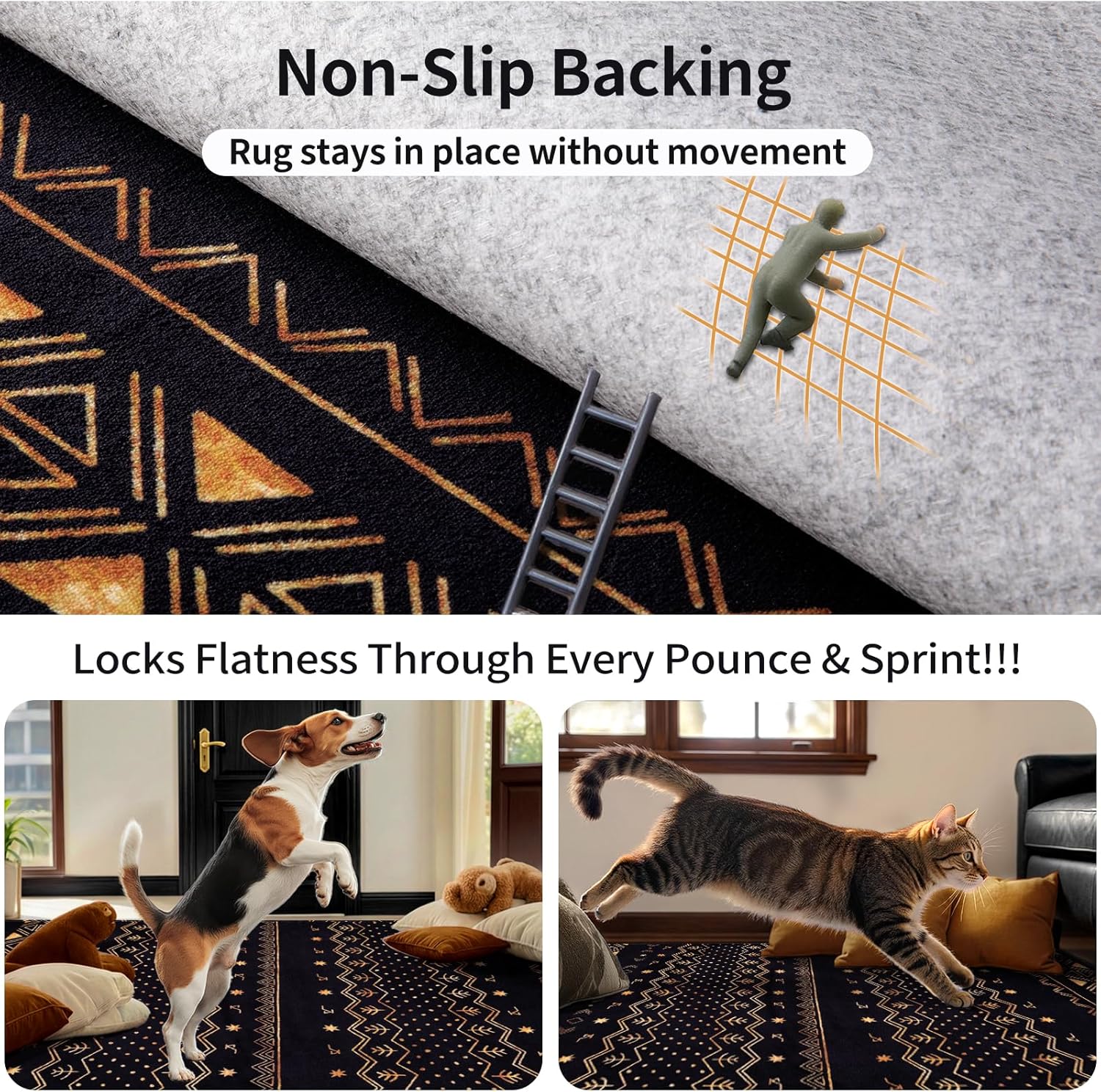 9x12 Washable Living Room Area Rug - Black and Gold Moroccan Carpet