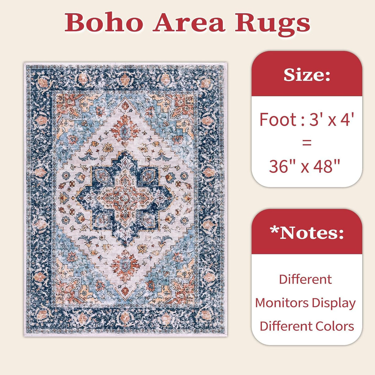 3x4 Blue and Orange Boho Washable Area Rug - Non-Slip Accent Carpet