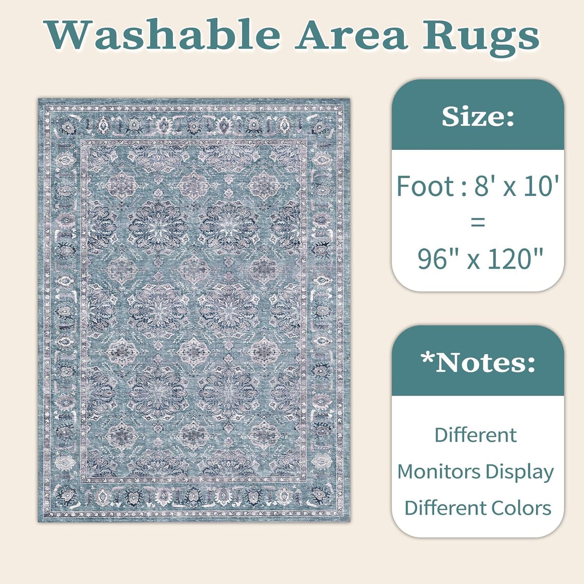 8x10 Blue Grey Floral Vintage Boho Washable Area Rug - Non-Slip Large Carpet