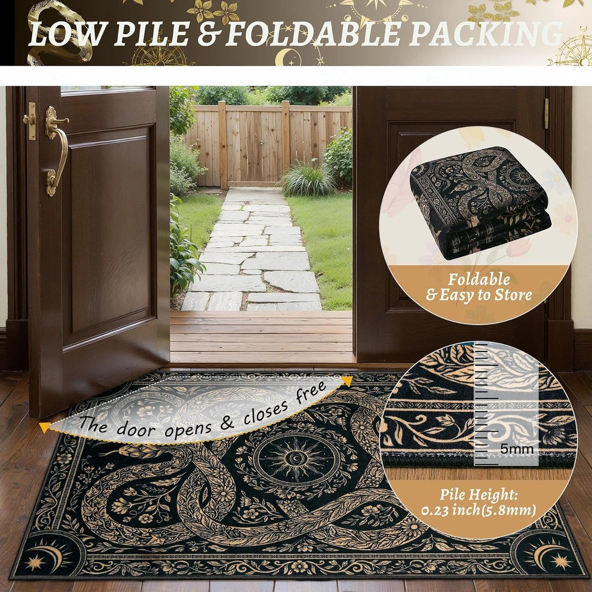 2x3 Black Gothic Snake Floral Washable Small Rug - Non-Slip Entryway Mat