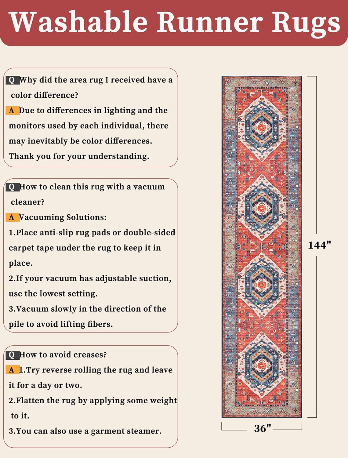 SERISSA Vintage Boho Washable Runner Rug, 3'x12' Extra Long Non-Slip Floor Carpet for Hallway, Kitchen, Entryway, Bathroom & Laundry Room – Ultra Soft Distressed Rust Print