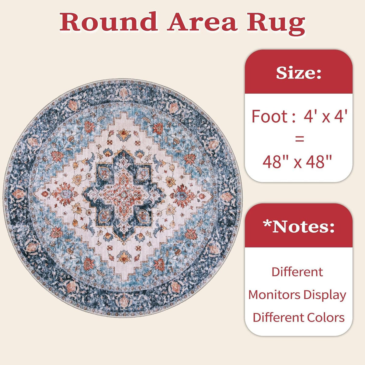 4ft Blue and Orange Boho Washable Round Area Rug - Non-Slip Circle Carpet