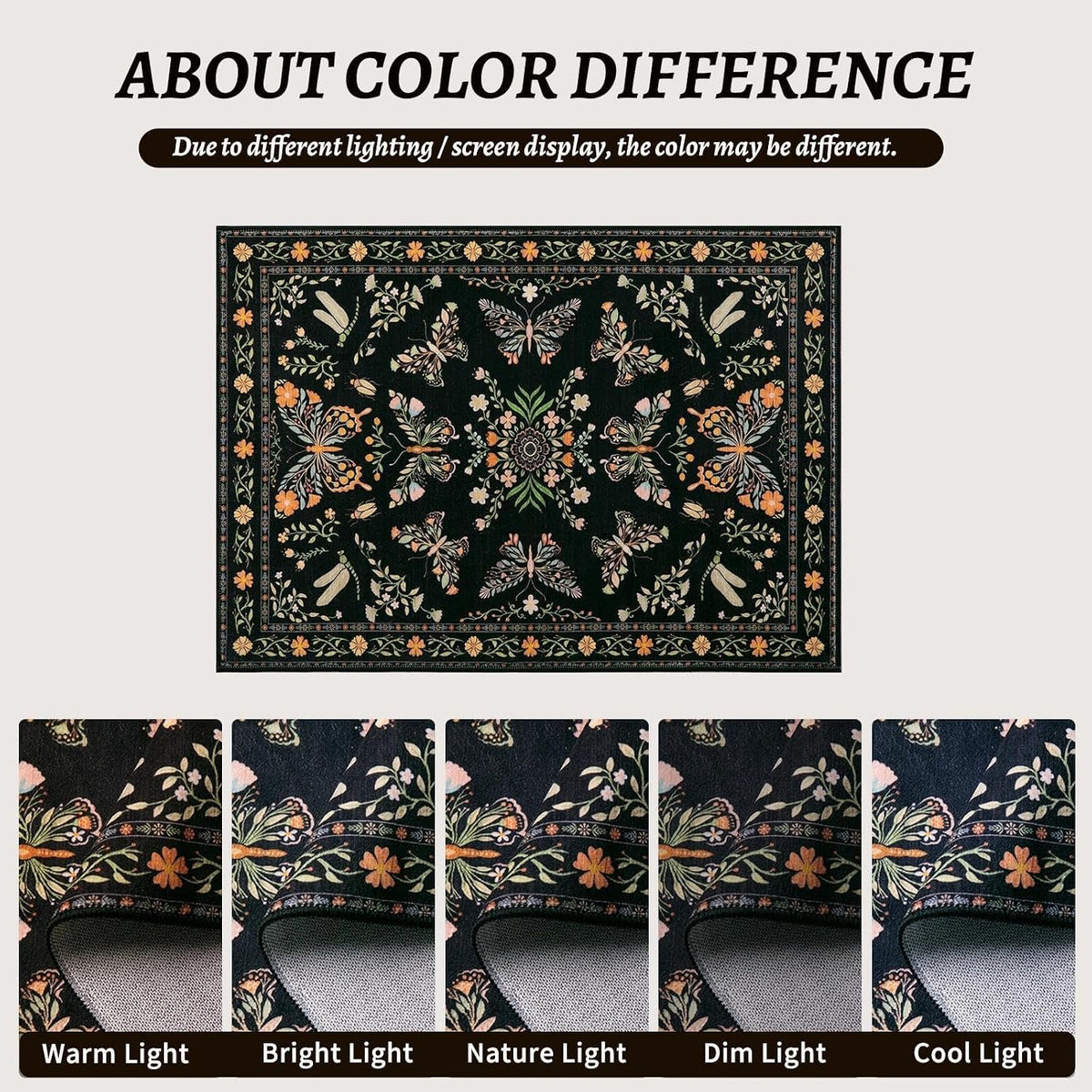 2x6 Black Floral Butterfly Boho Washable Runner Rug - Non-Slip Hallway Carpet