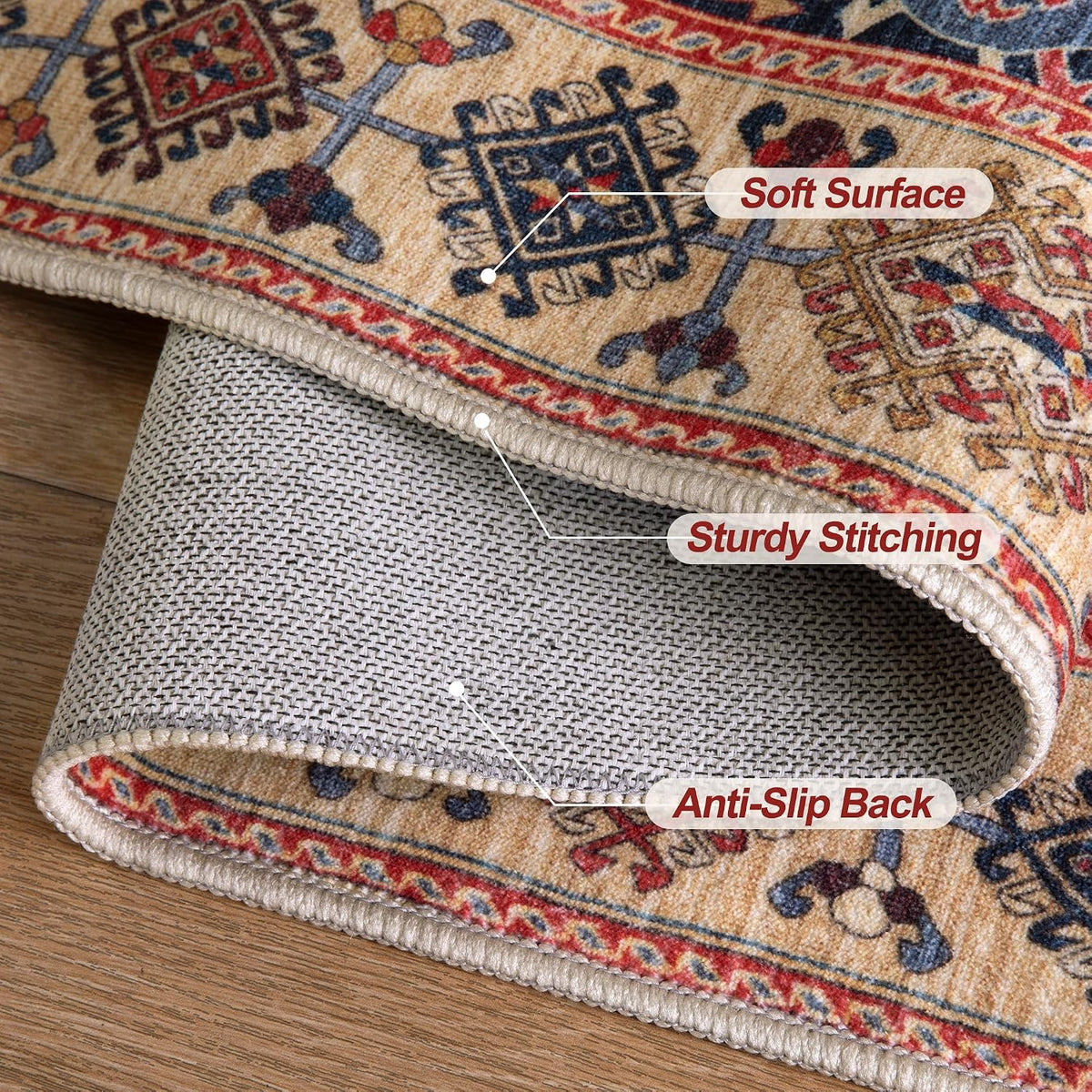 2x6 Blue and Beige Boho Vintage Washable Runner Rug - Non-Slip Hallway Carpet