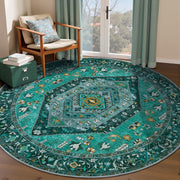 4ft Teal Washable Round Rug - Vintage Oriental Boho Circle Carpet