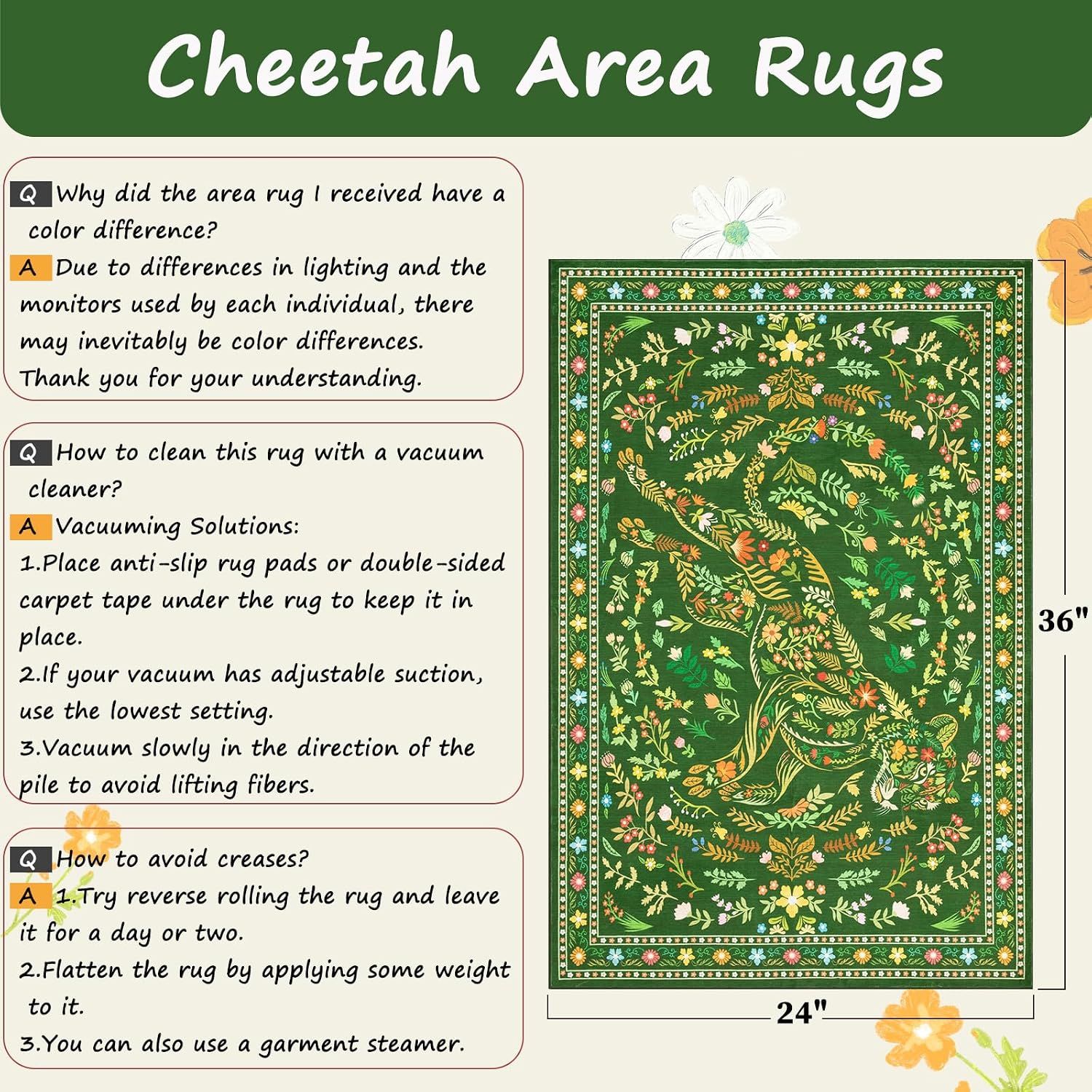 SERISSA Boho Floral & Cheetah Washable Accent Rug, Non-Slip Soft Low-Pile Floor Mat for Entryway, Kitchen, Bedroom, Laundry Room & Entrance – Vibrant Green Decor