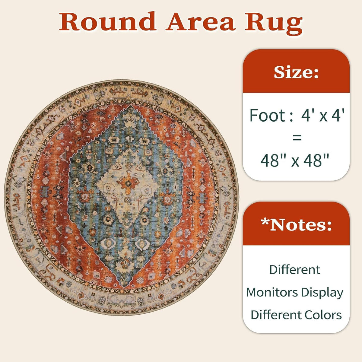 4ft Boho Washable Round Area Rug - Non-Slip Circle Carpet for Bedroom