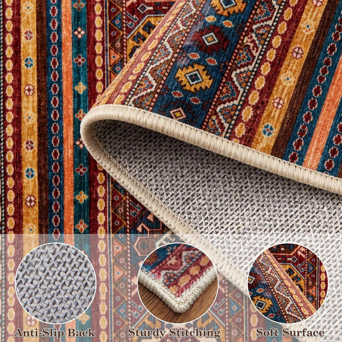 5x7 Red Multi Vintage Boho Washable Area Rug - Non-Slip Large Carpet
