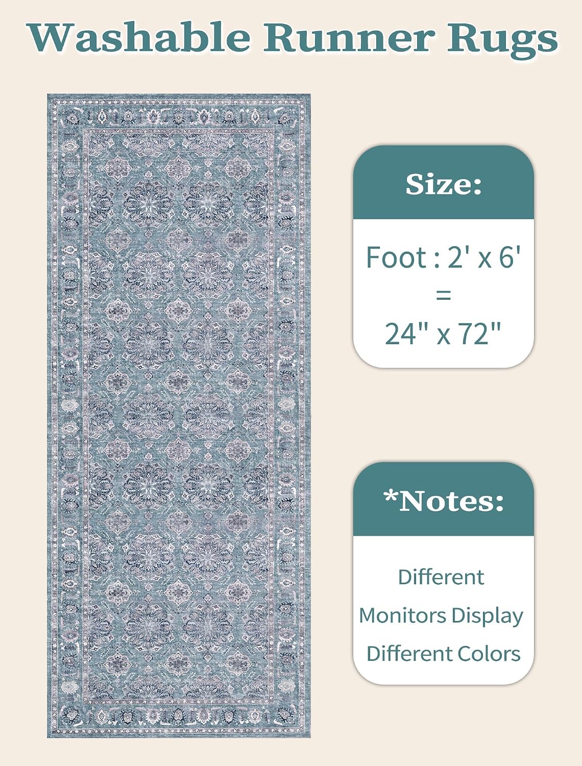 2x6 Blue Grey Floral Vintage Boho Washable Runner Rug - Non-Slip Hallway Carpet