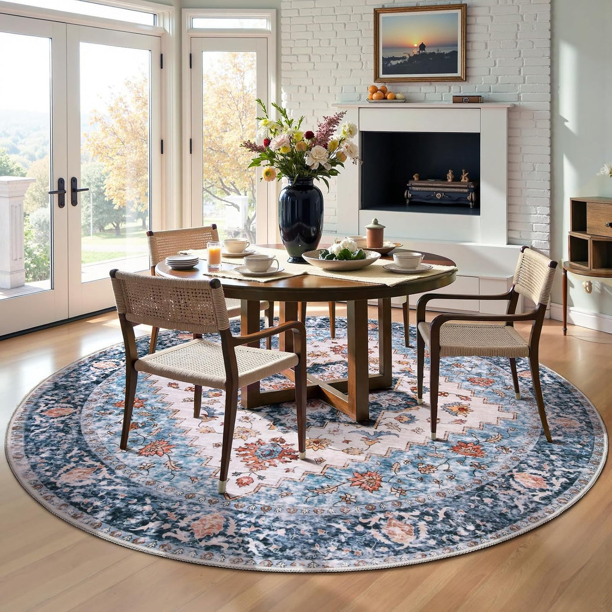 4ft Blue and Orange Boho Washable Round Area Rug - Non-Slip Circle Carpet