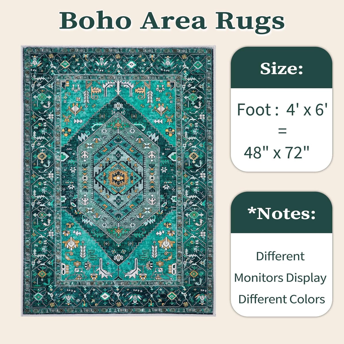 4x6 Teal Vintage Boho Washable Area Rug - Non-Slip Distressed Carpet
