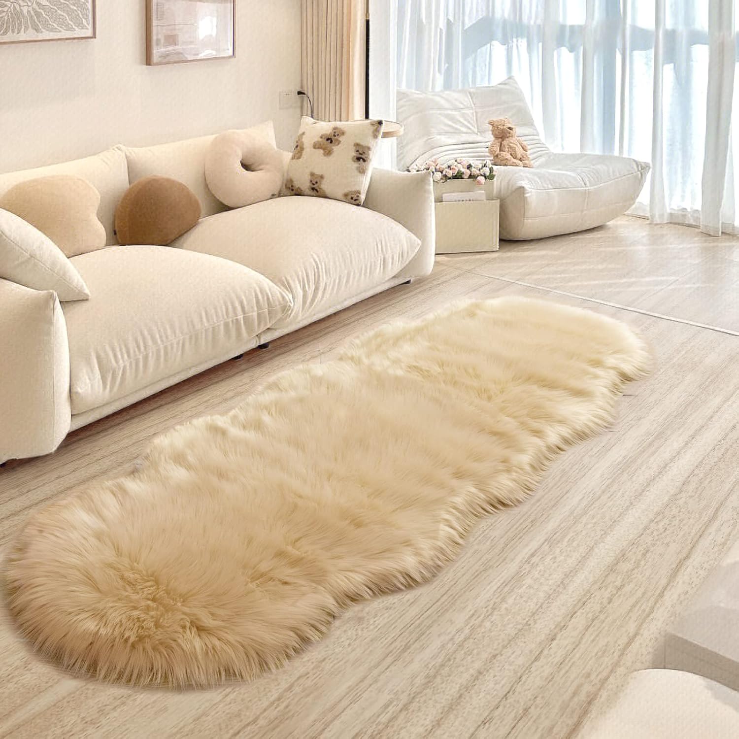 SERISSA Faux Sheepskin Shaggy Area Rug, 2'x6' Ultra-Soft Fluffy Floor Carpet & Sofa Runner for Bedroom, Living Room & Nursery – Luxurious Beige Furry Decor