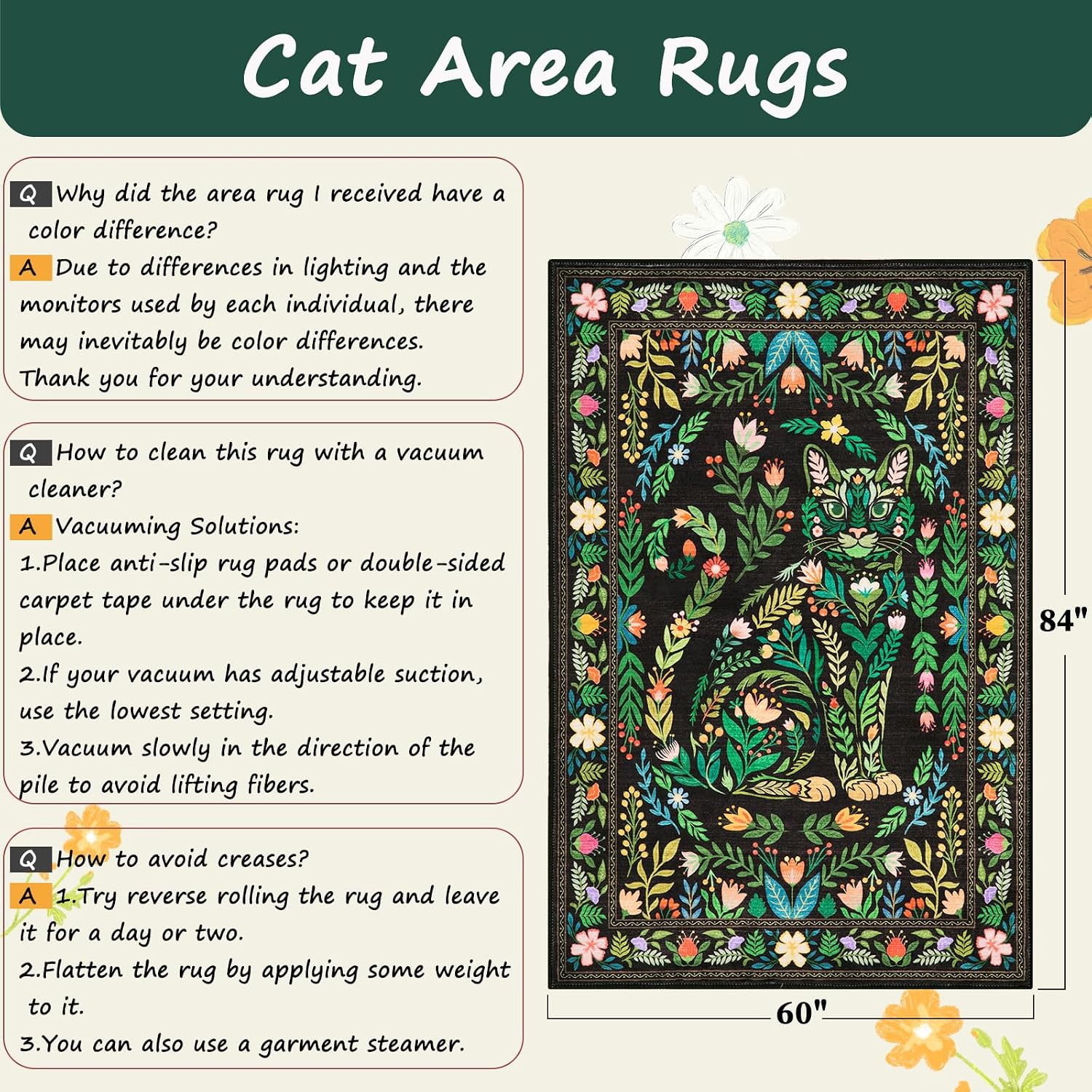 SERISSA Boho Floral & Cat Print Washable Area Rug, Non-Slip Soft Low-Pile Vintage Carpet for Living Room, Dining Room, Bedroom & Kids Playroom – Sophisticated Black Decor