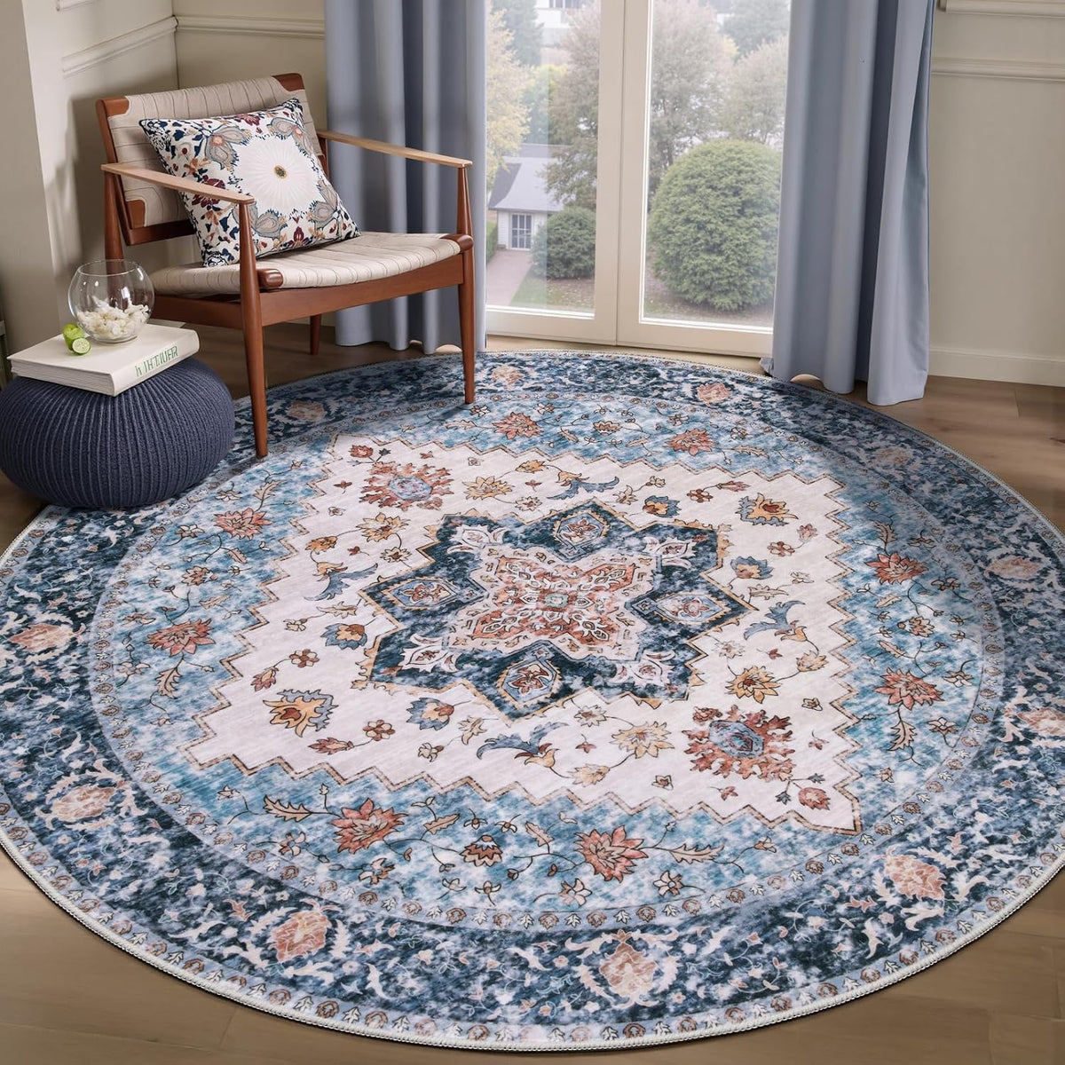 3x4 Blue and Orange Boho Washable Area Rug - Non-Slip Accent Carpet