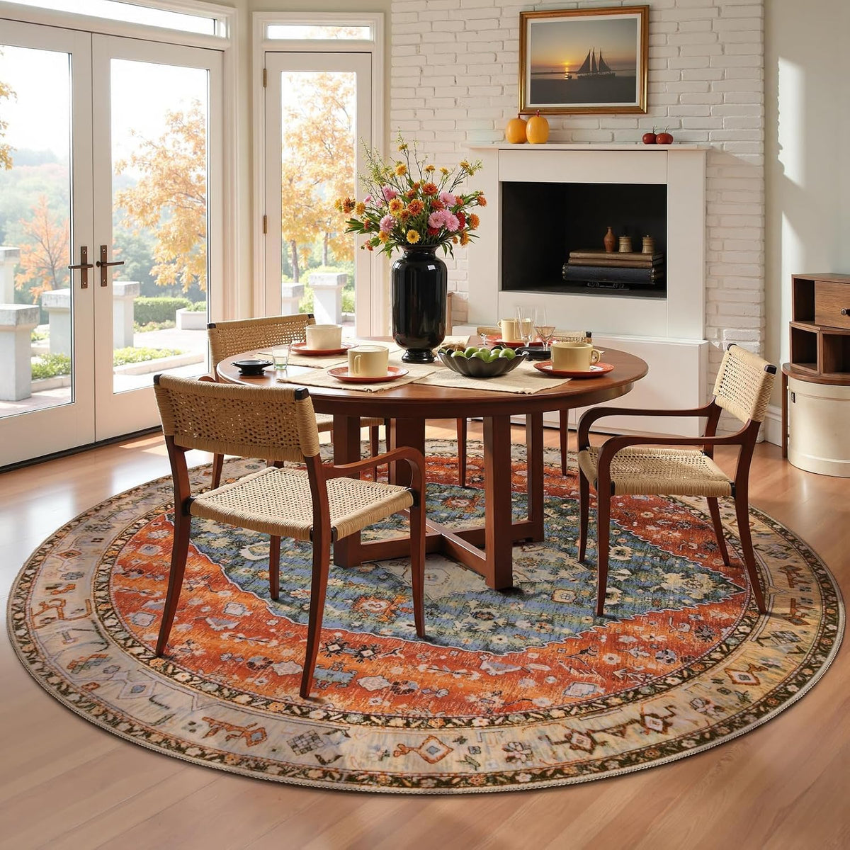 4ft Boho Washable Round Area Rug - Non-Slip Circle Carpet for Bedroom
