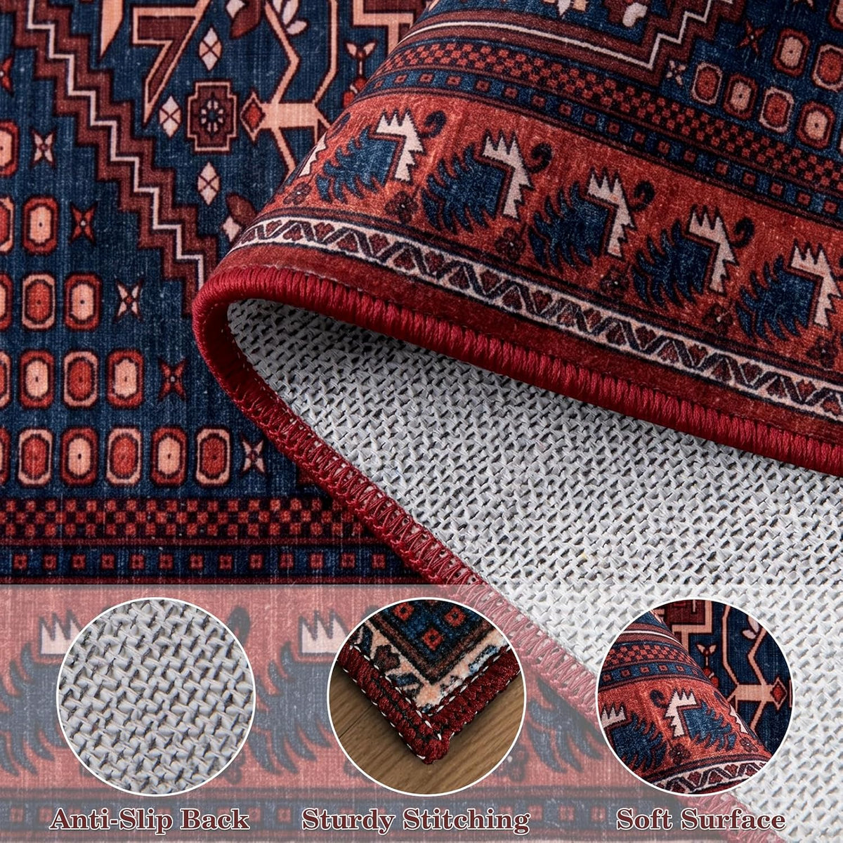 2x6 Dark Red Vintage Boho Washable Runner Rug - Non-Slip Hallway Carpet