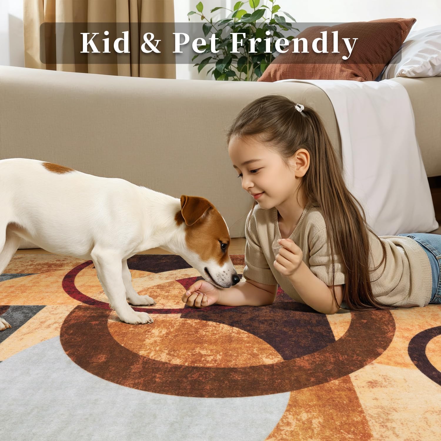 SERISSA Modern Abstract Washable Area Rug, 5'x7' Non-Slip Soft Low-Pile Floor Carpet for Living Room, Dining Room, Bedroom & Office – Geometric Brown & Red Decor