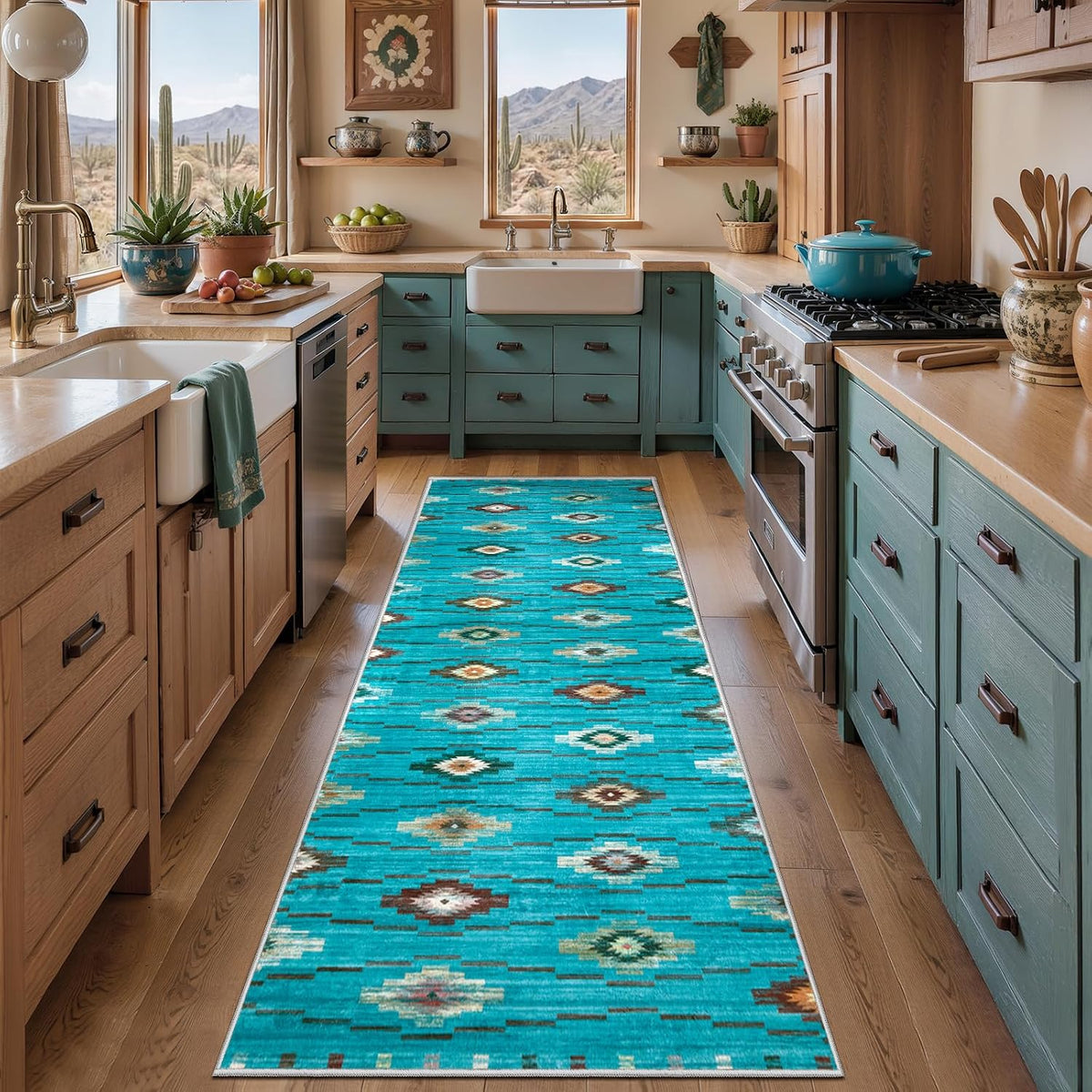 2x6 Teal Washable Kitchen Runner Rug - Southwestern Boho Long Carpet