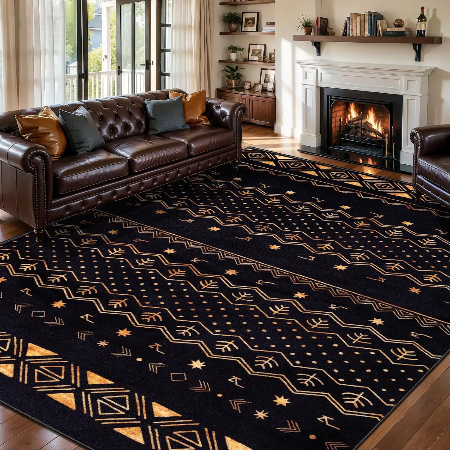 9x12 Washable Living Room Area Rug - Black and Gold Moroccan Carpet