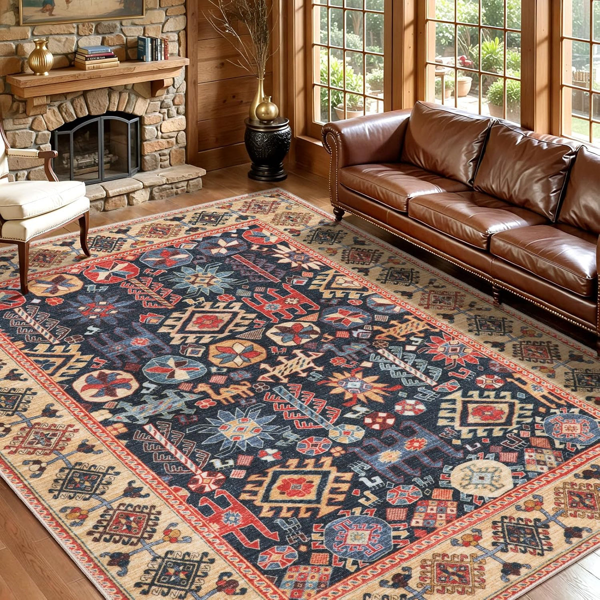 2x6 Blue and Beige Boho Vintage Washable Runner Rug - Non-Slip Hallway Carpet