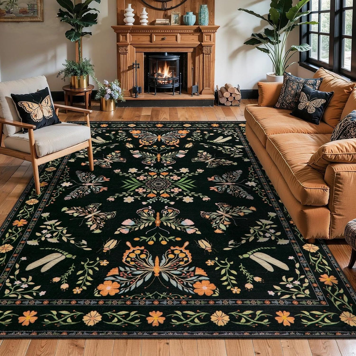 6x9 Black Floral Butterfly Boho Washable Area Rug - Non-Slip Large Carpet