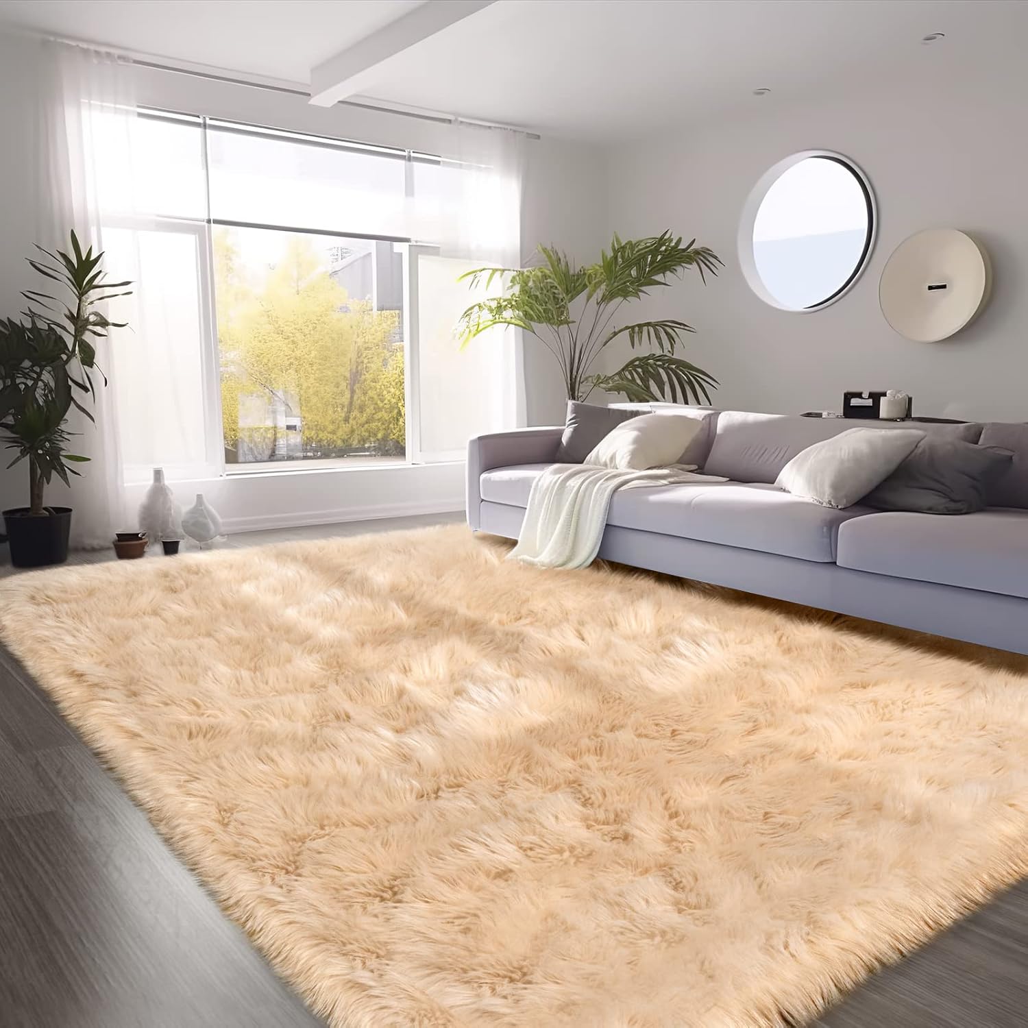 SERISSA Faux Sheepskin Shaggy Area Rug, 8'x10' Large Ultra-Soft Fluffy Floor Carpet for Living Room, Bedroom & Nursery – Luxurious Beige Furry Decor