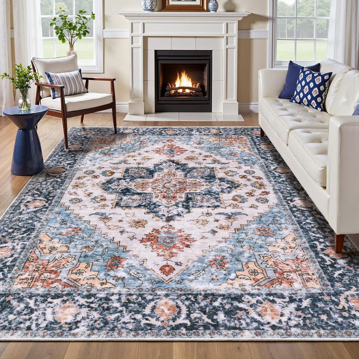 3x4 Blue and Orange Boho Washable Area Rug - Non-Slip Accent Carpet