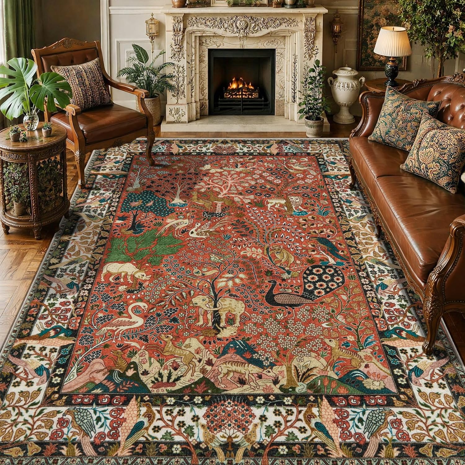 5x7 Vintage Jungle Washable Area Rug - Non-Slip Low-Pile Carpet