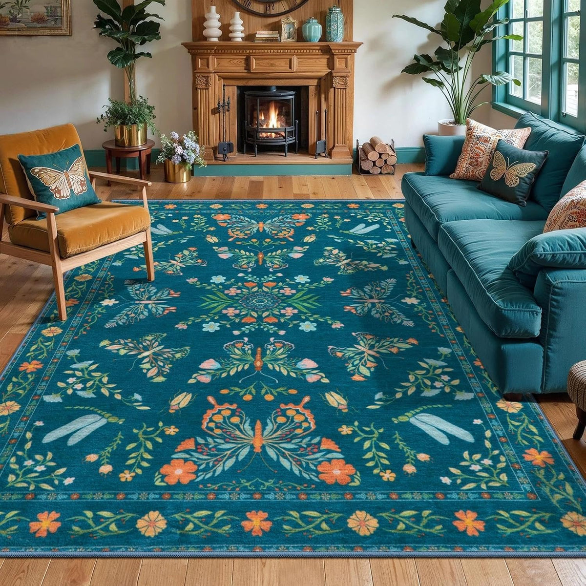 6x9 Green Floral Butterfly Boho Washable Area Rug - Non-Slip Large Carpet
