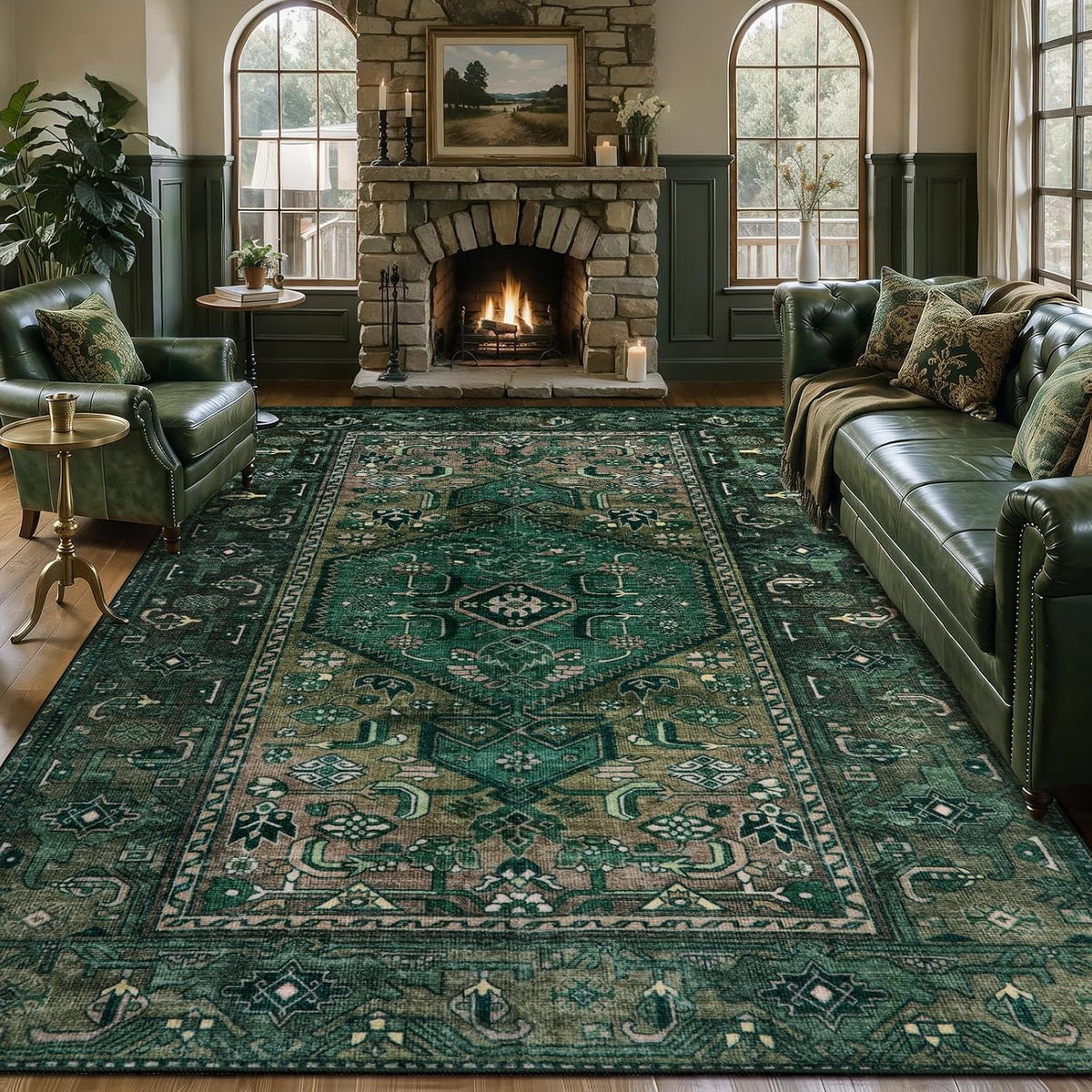 2x5 Dark Green Vintage Boho Washable Runner Rug - Non-Slip Hallway Carpet