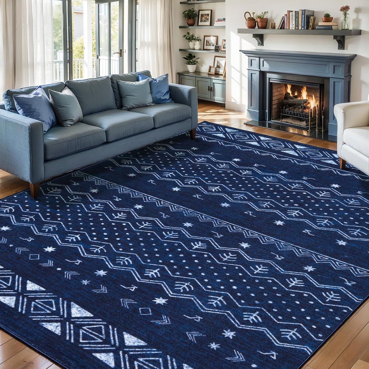 3x5 Blue and White Moroccan Washable Small Rug - Non-Slip Accent Carpet