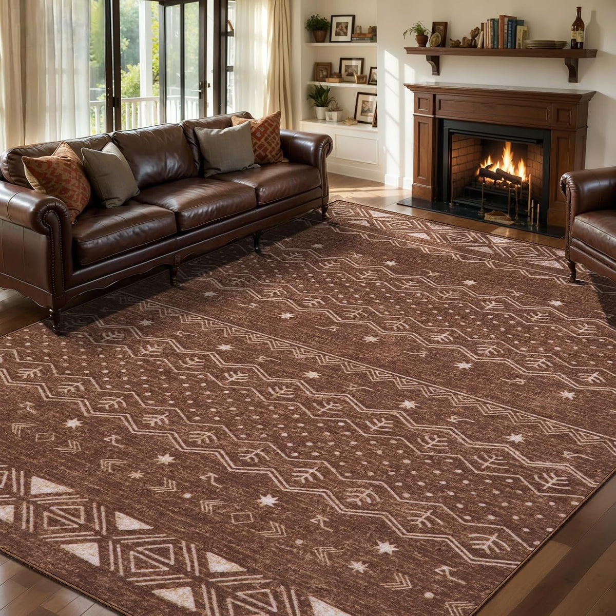 2x3 Coffee Brown Geometric Boho Washable Small Rug - Non-Slip Entryway Mat