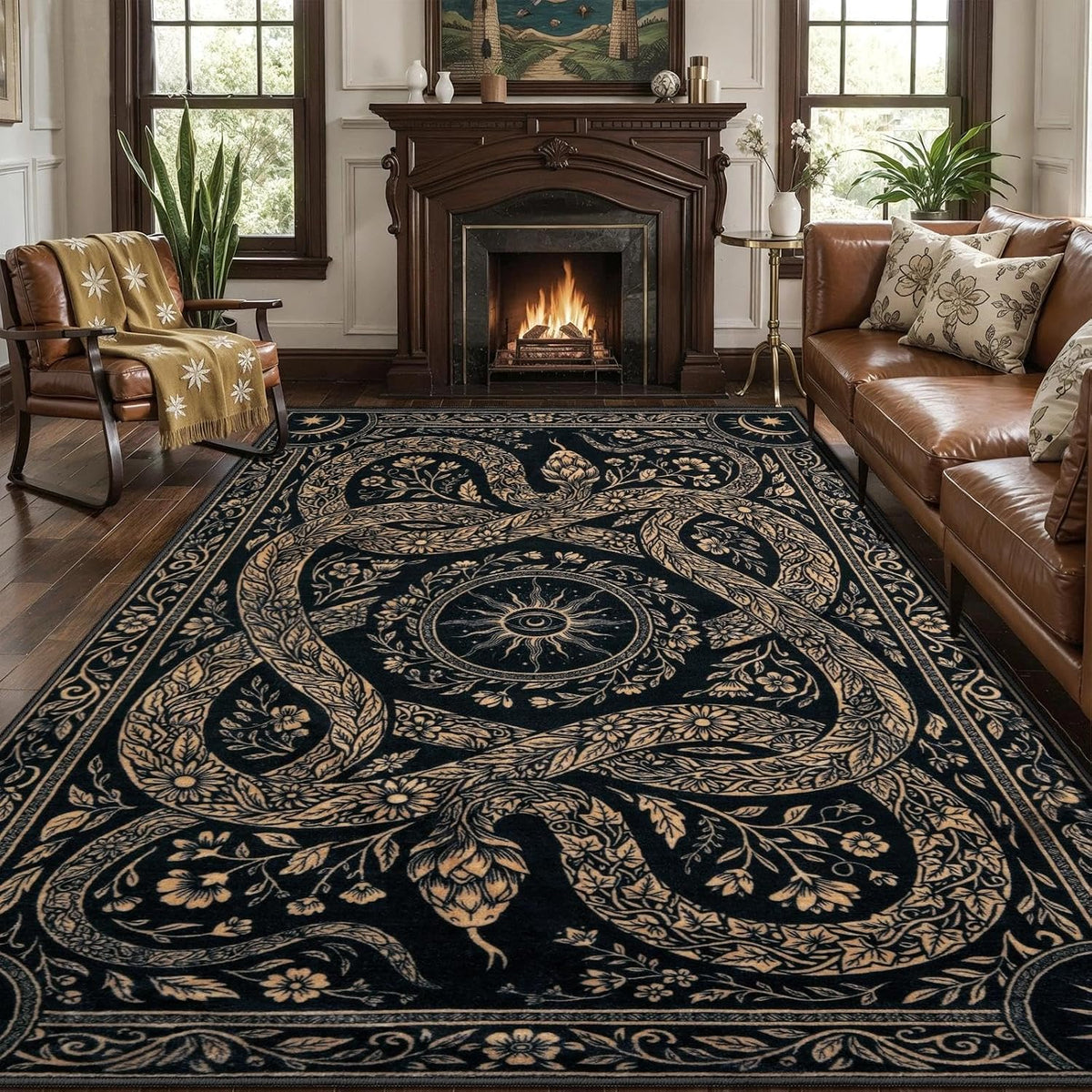 2x3 Black Gothic Snake Floral Washable Small Rug - Non-Slip Entryway Mat