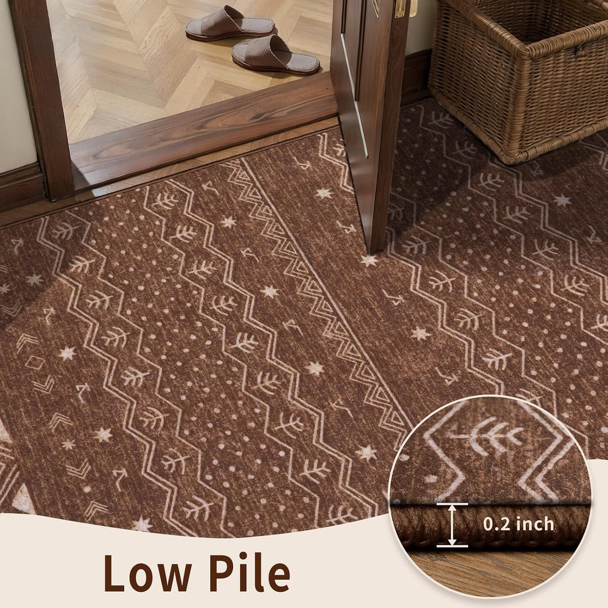 2x3 Coffee Brown Geometric Boho Washable Small Rug - Non-Slip Entryway Mat