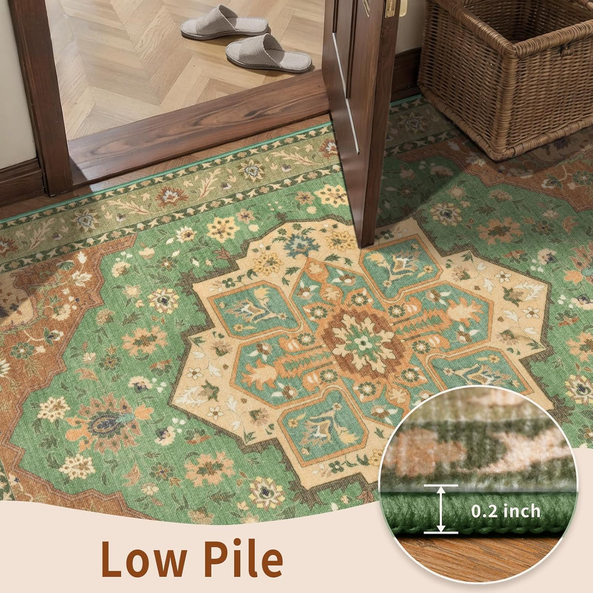 2'6"x8' Terracotta Green Vintage Washable Runner Rug - Non-Slip Hallway Carpet