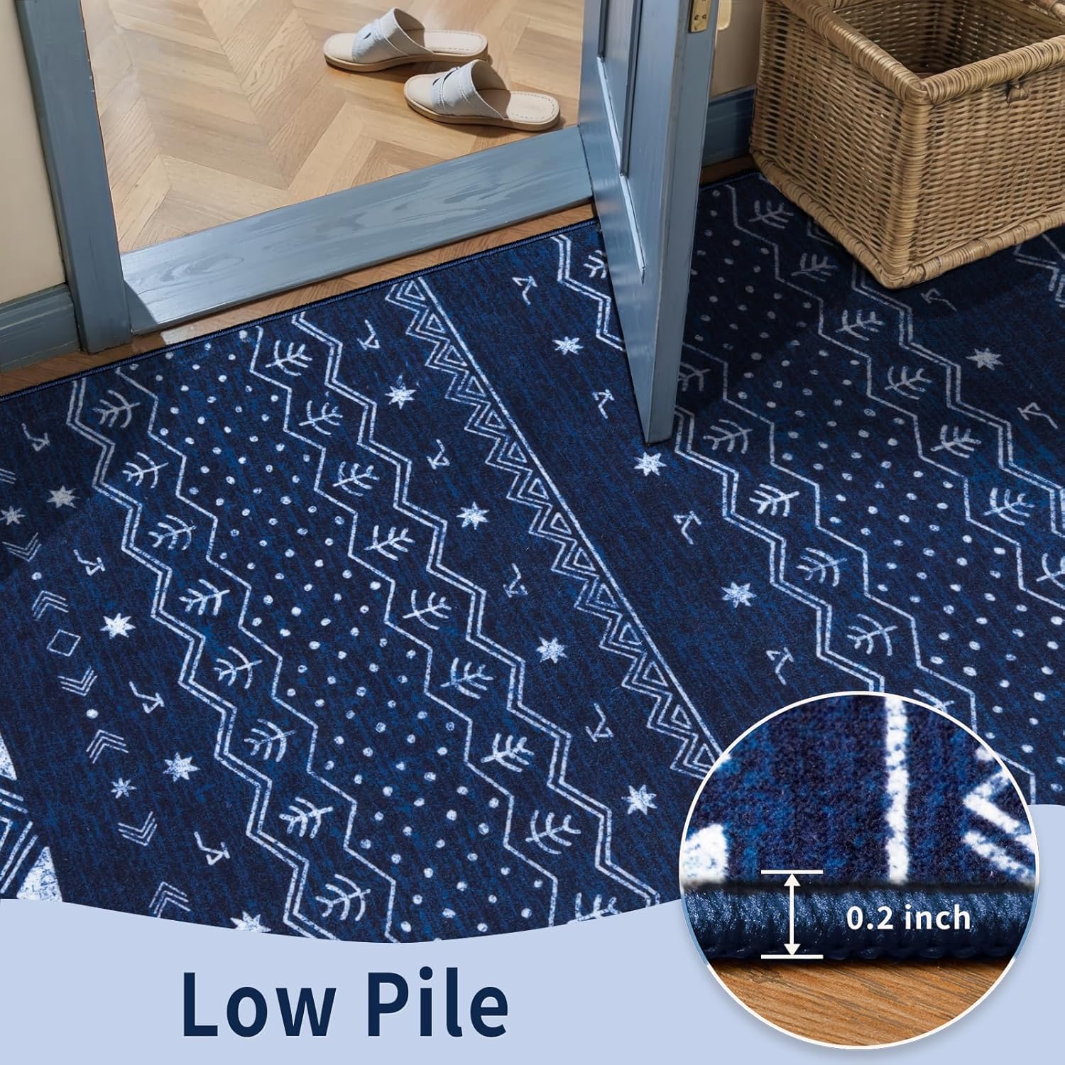 3x5 Blue and White Moroccan Washable Small Rug - Non-Slip Accent Carpet