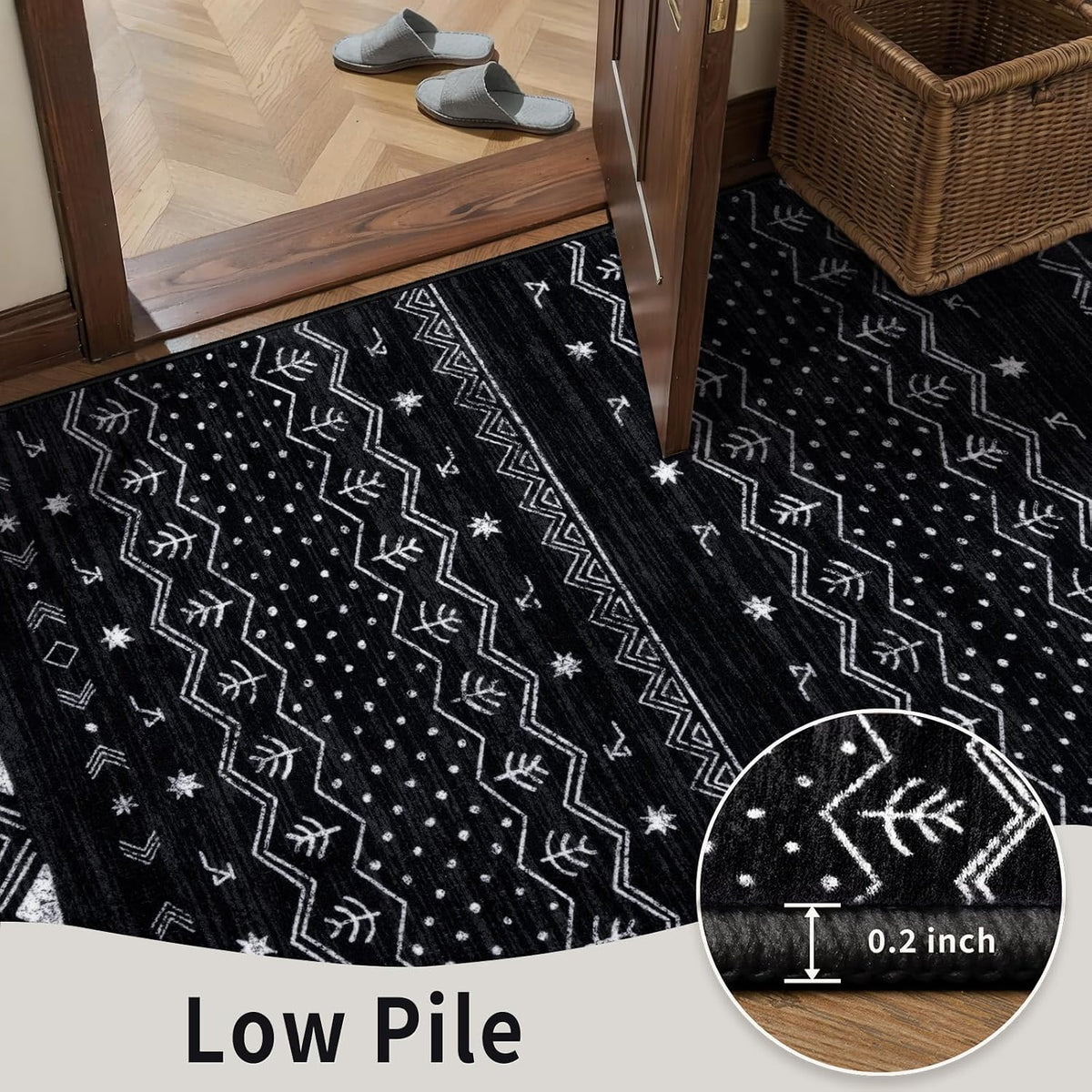 4ft Black and White Moroccan Washable Round Rug - Non-Slip Circle Carpet