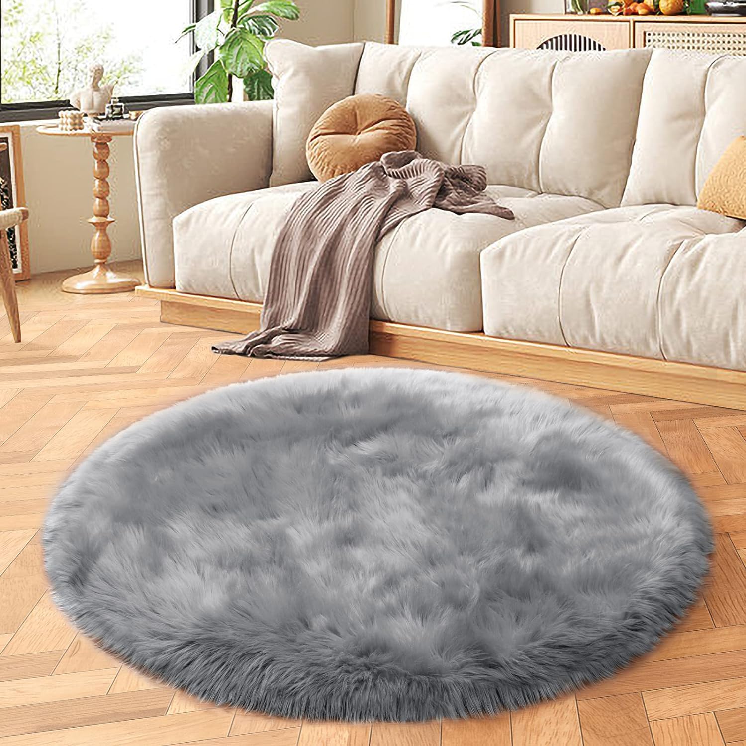 SERISSA Faux Sheepskin Shaggy Round Area Rug, 3' Circular Ultra-Soft Fluffy Floor Carpet for Bedroom, Kids Room & Nursery – Luxurious Light Grey Furry Decor