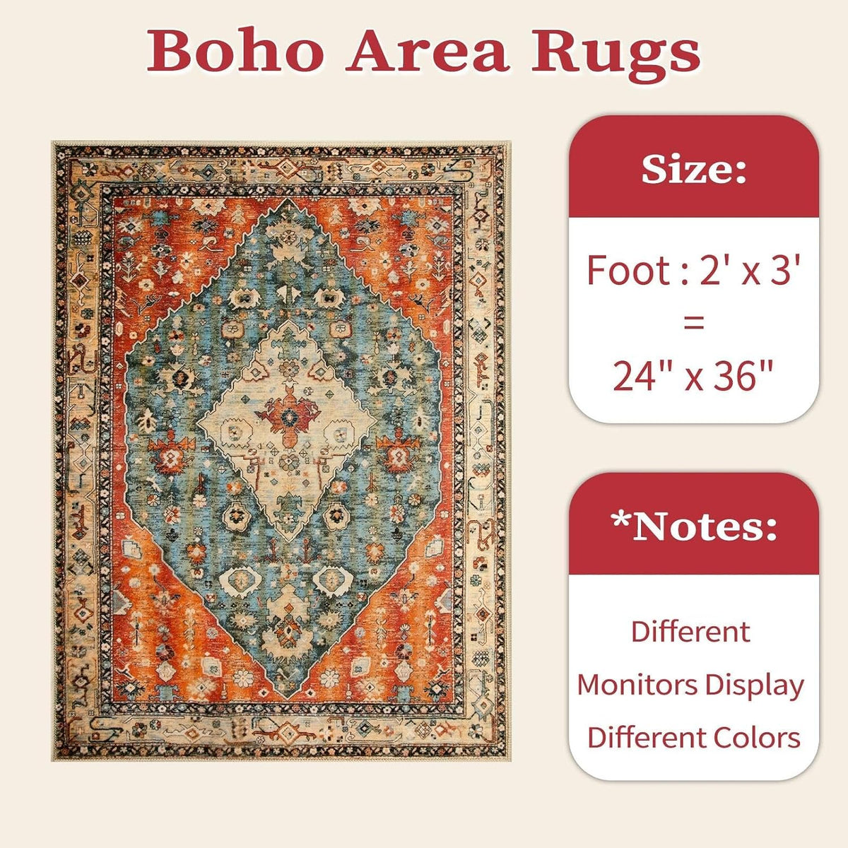 2x3 Vintage Oriental Washable Small Area Rug - Non-Slip Boho Accent Mat