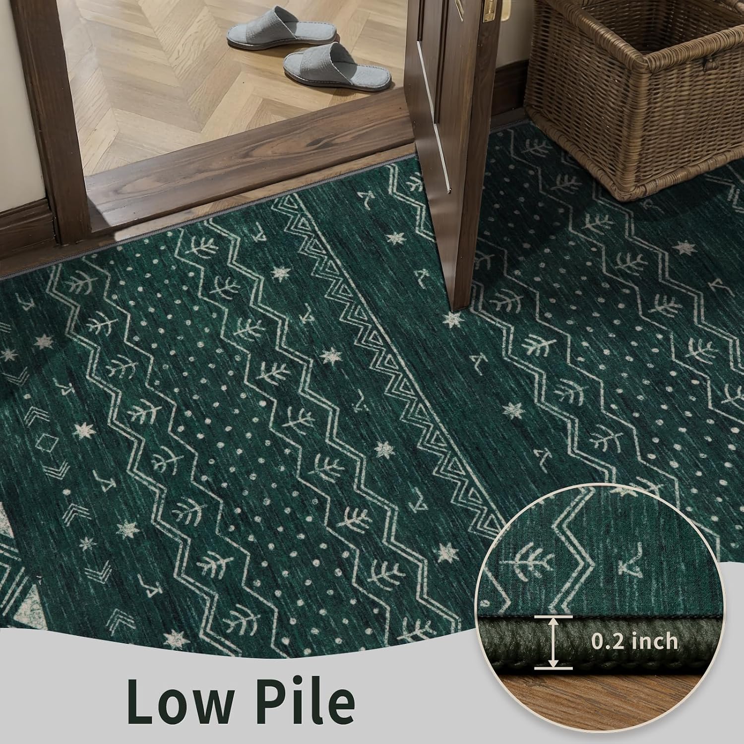 2'6"x8' Dark Green Washable Hallway Runner Rug - Moroccan Boho Long Carpet