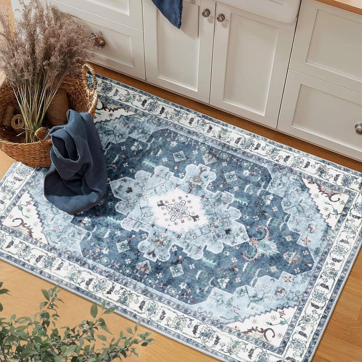 2x3 Blue Vintage Boho Washable Small Area Rug - Non-Slip Entryway Mat